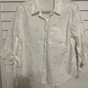 White Shirt with Pink Flamingo Print